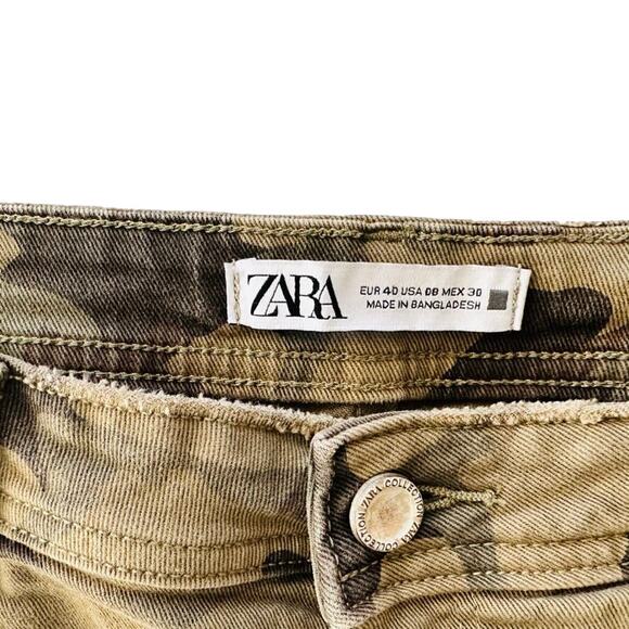 ZARA Camo Jeans Skinny High Rise Distressed Size 40 / US 8 Green Ankle Raw Hem - Picture 5 of 6